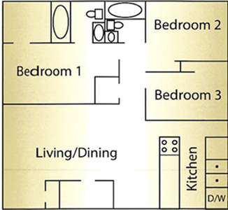 Three Bedroom / Two Bath - 1,250 St.Ft.*